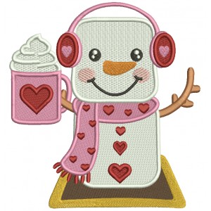 Snowman With Heart Holding Hot Cocoa Valentine's Day Filled Machine Embroidery Design Digitized Pattern